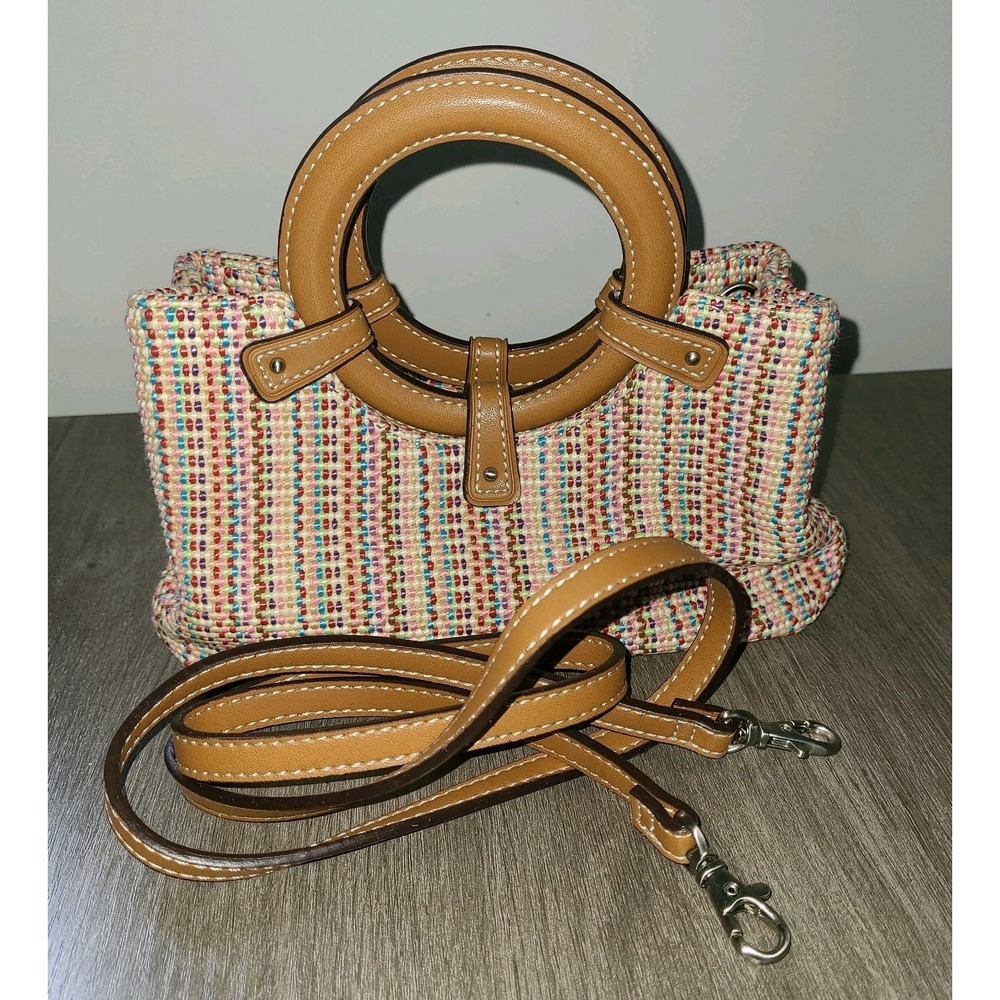 Fossil Woven Straw Satchel Crossbody Bag Multicolor Ring Handle Boho Purse 8x5"